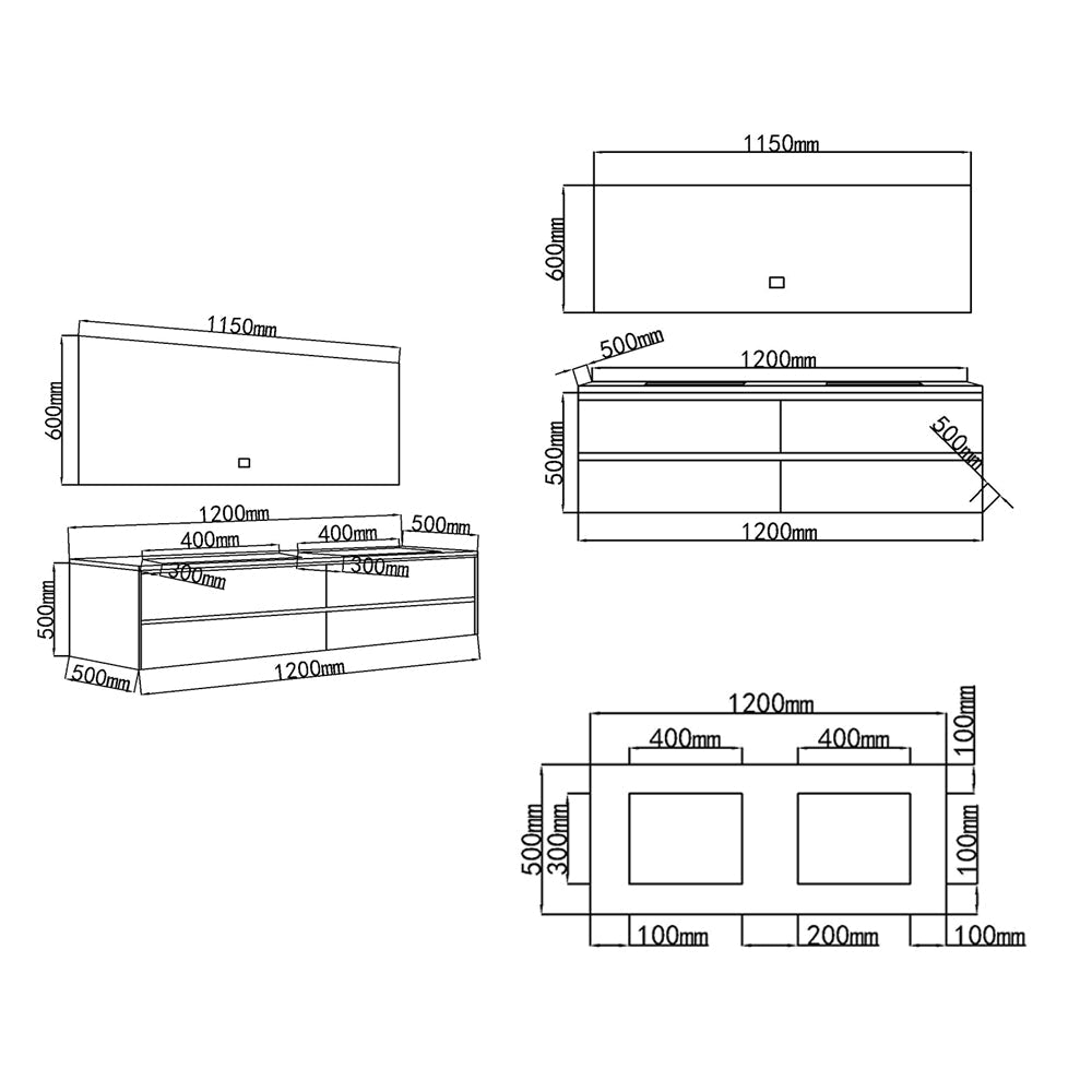 Dimensions meuble de salle de bain suspendu 120 cm Emma - Bellegno