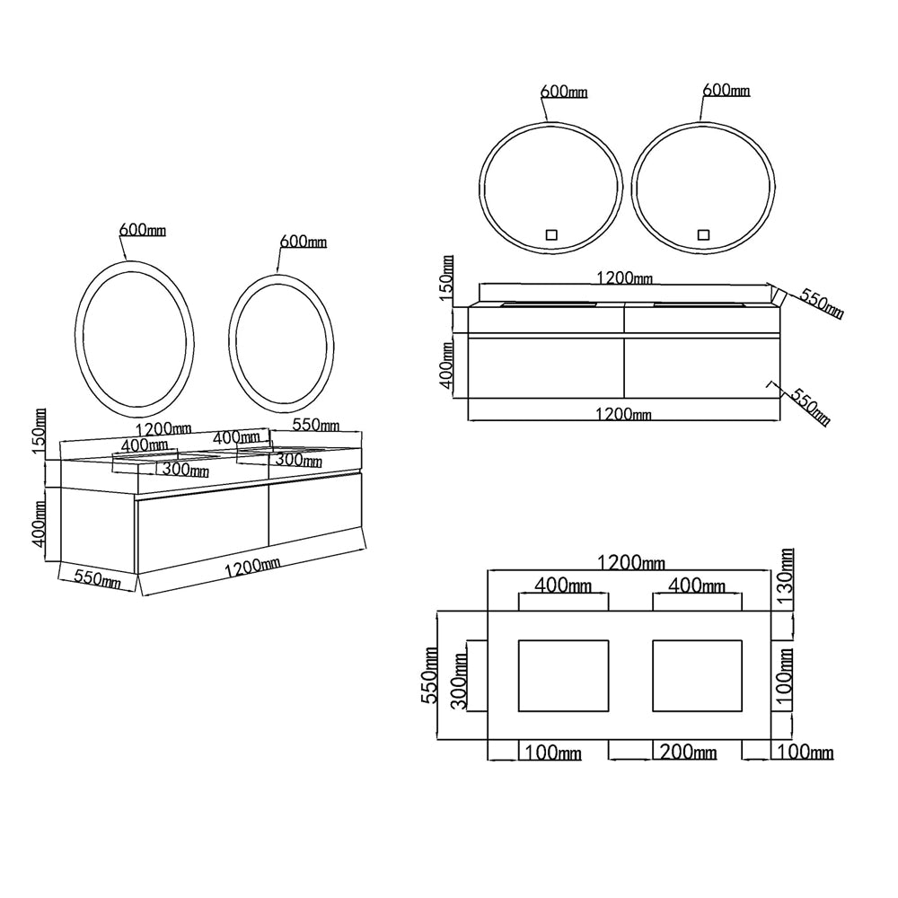 Schéma dimensions meuble salle de bain Oprah - Bellegno