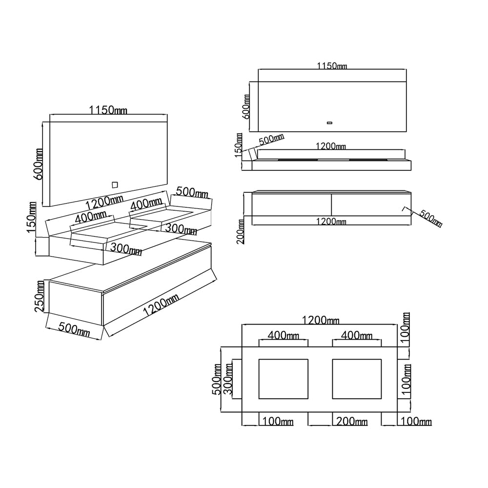 Dimensions meuble salle de bain double vasque 120 cm Rosa - Bellegno