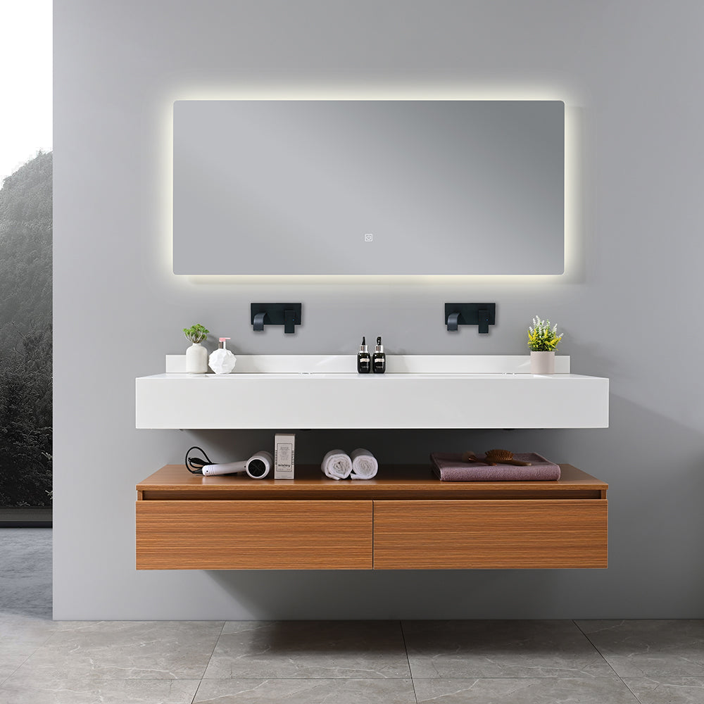 Meuble de salle de bain double vasque blanche 140 cm et miroir éclairage led - Bellegno