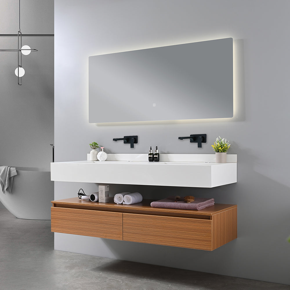 Meuble de salle de bain double vasque blanche 140 cm et miroir dans salle de bain design - Bellegno