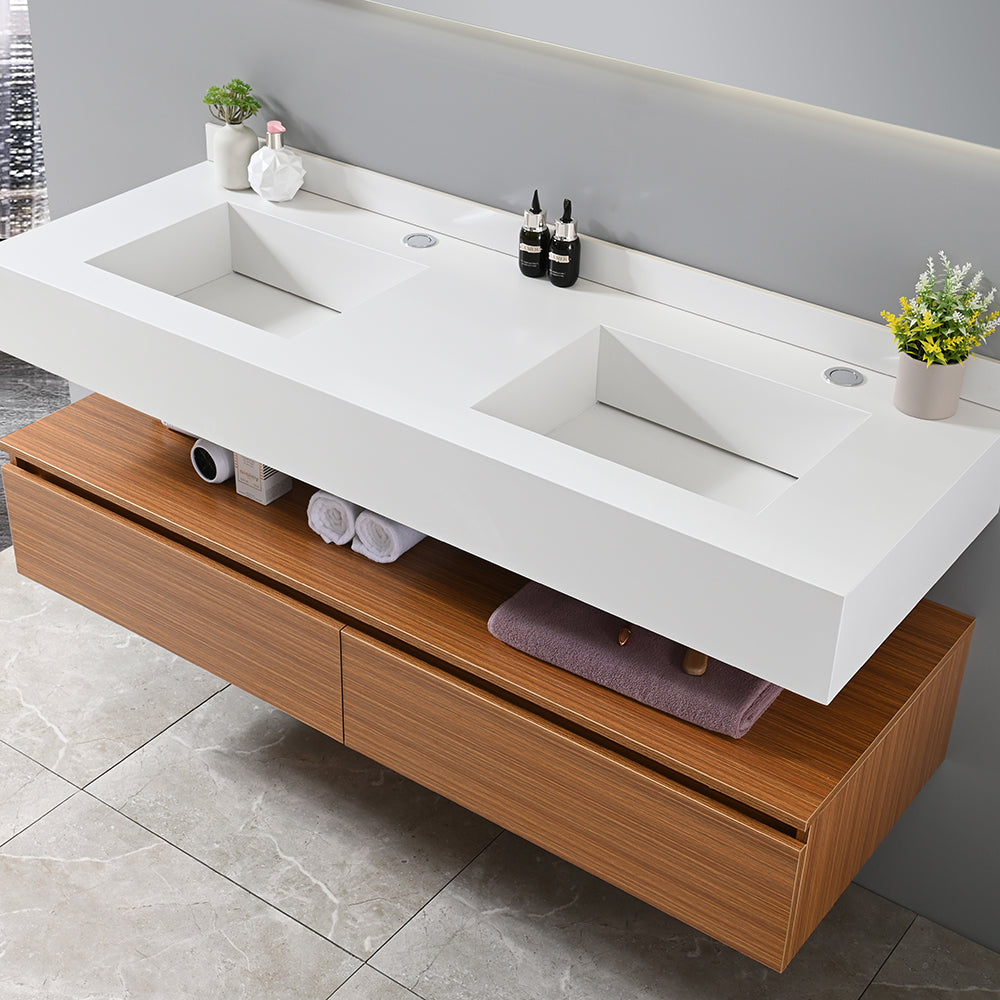 Meuble salle de bain suspendu double vasque blanche 140 cm - Bellegno