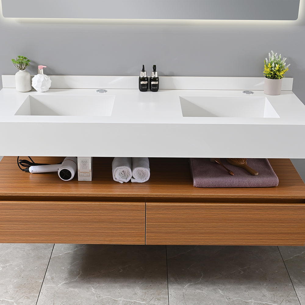 Meuble salle de bain suspendu double vasque blanche 140 cm - Bellegno