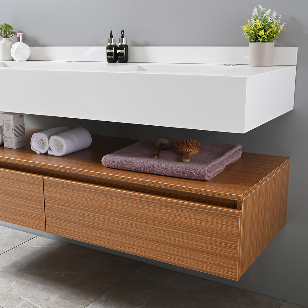 Meuble salle de bain suspendu double vasque blanche 140 cm - Bellegno