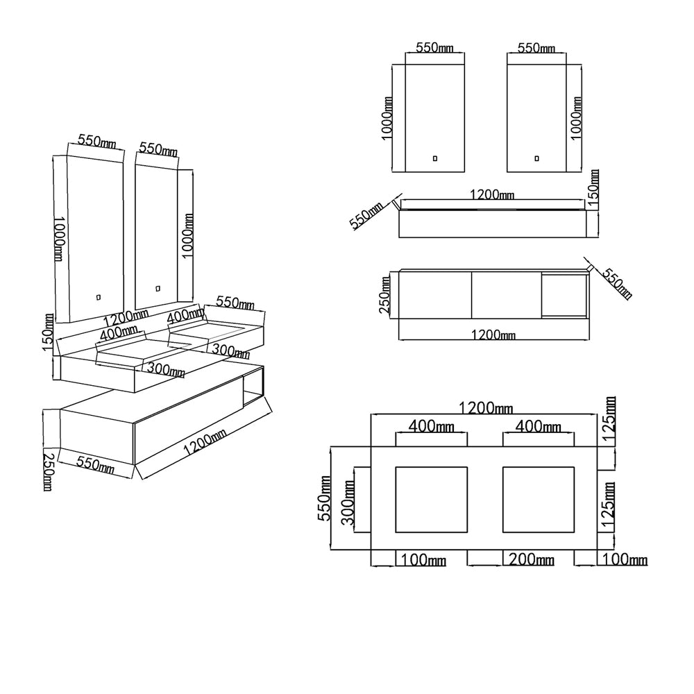 Dimensions meuble salle de bain double vasque suspendu 120 cm Rosalind - Bellegno