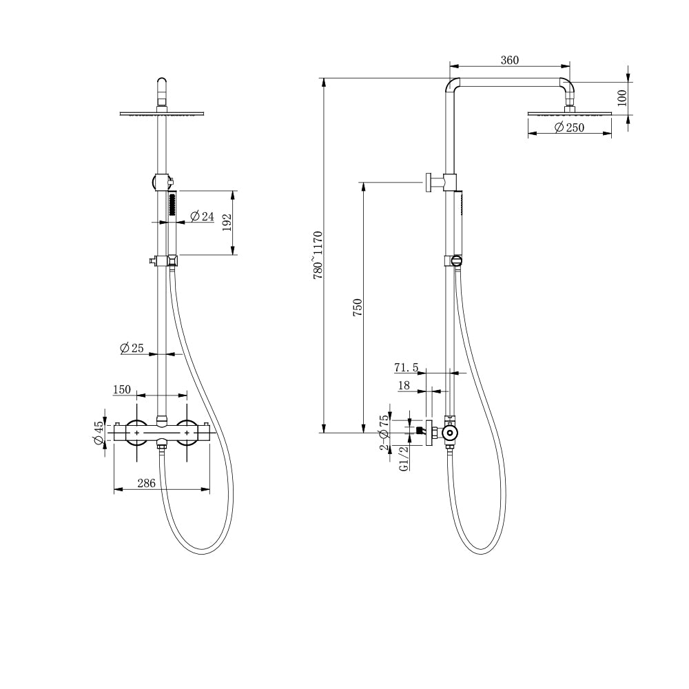 Schéma dimensions colonne de douche thermostatique Eleganza - Bellegno