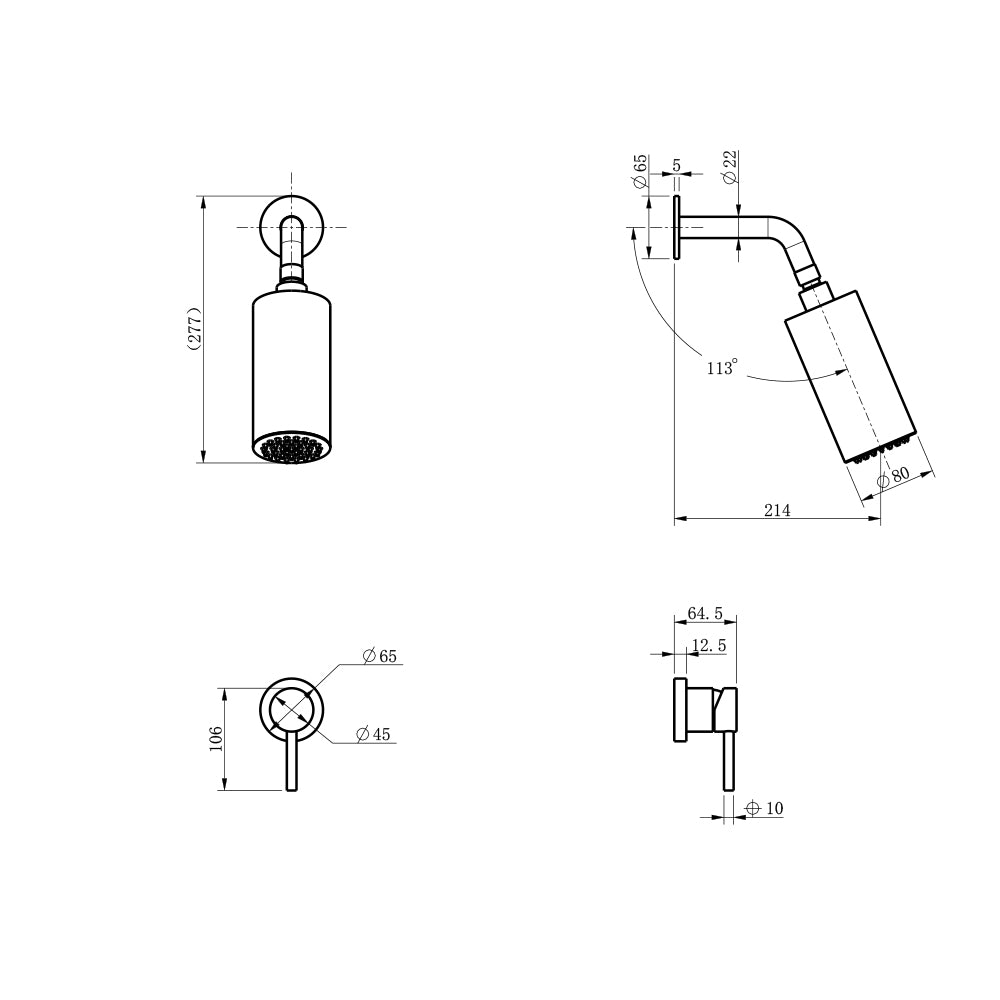 Dimensions pommeau de douche mural et mitigeur encastrable - Bellegno