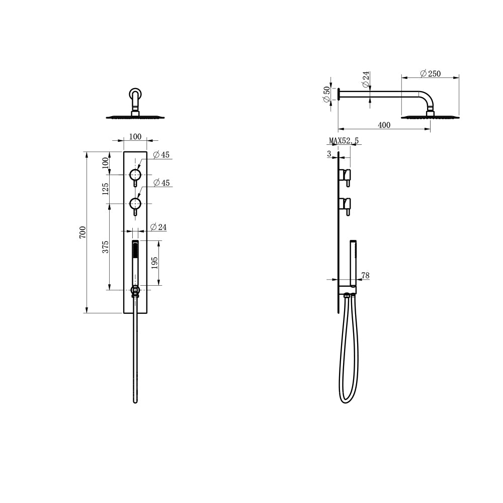 Colonne de douche encastrée thermostatique PURA acier brossé