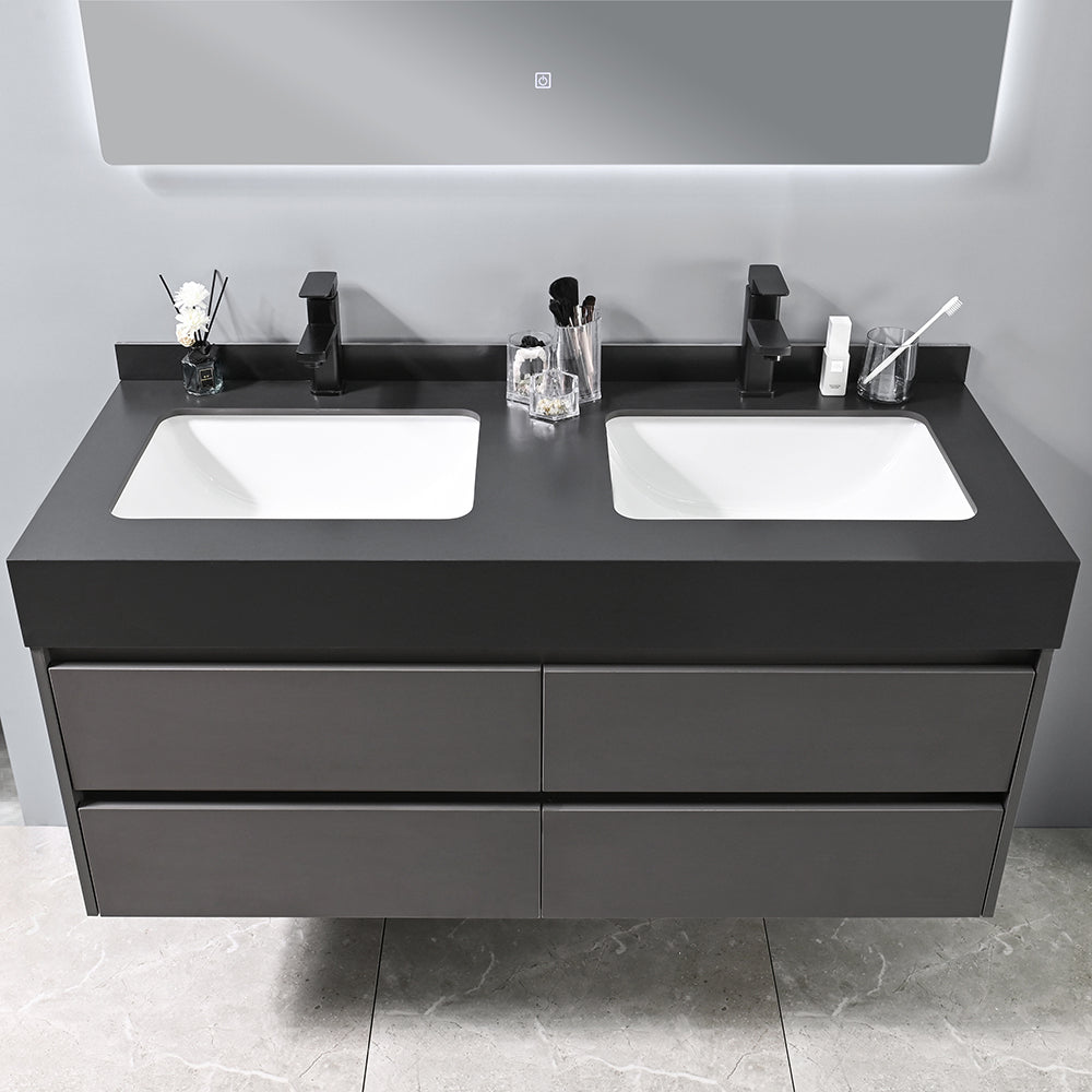 Meuble salle de bain double vasque noir 120 cm avec miroir LED - Bellegno