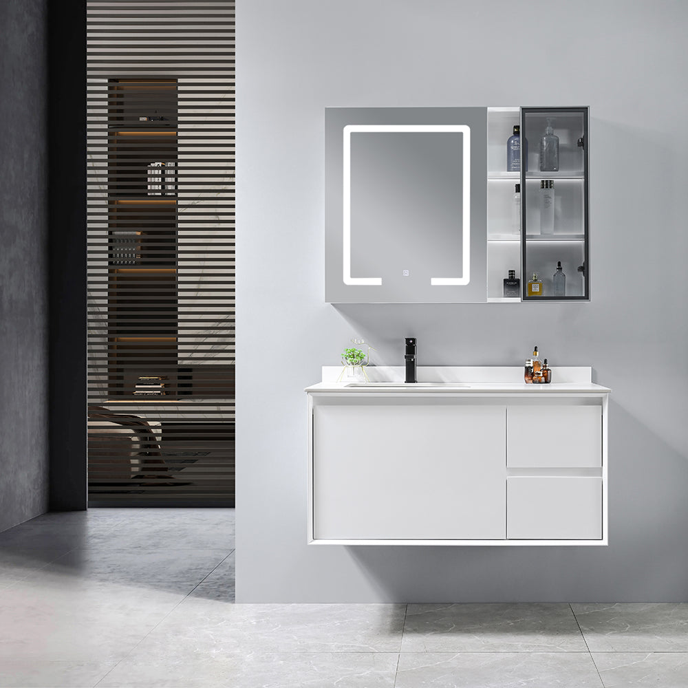 Meuble salle de bain suspendu simple vasque 100 cm blanc avec miroir et placard - Bellegno