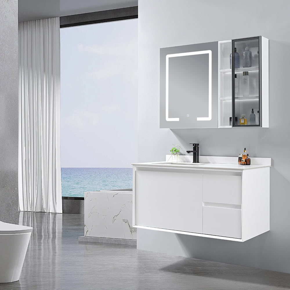 Meuble salle de bain suspendu simple vasque 100 cm blanc avec miroir et placard - Bellegno