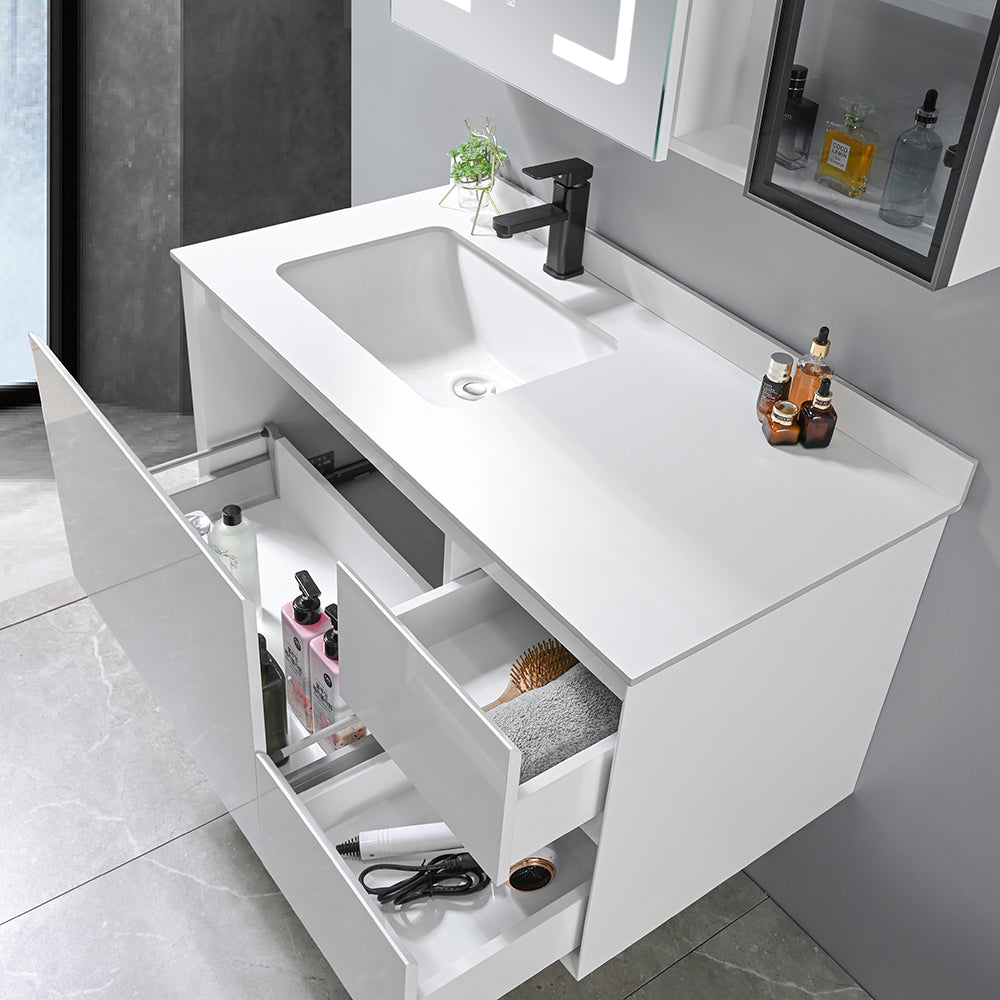 Meuble salle de bain suspendu simple vasque 100 cm blanc avec miroir et nombreux rangements - Bellegno