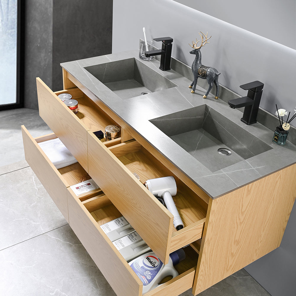 Meuble salle de bain double vasque avec grands tiroirs de rangement - Bellegno