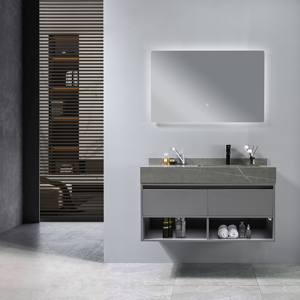 Meuble salle de bain suspendu FRIDA 100 cm + vasque intégrée (gris/blanc) + miroir LED tactile