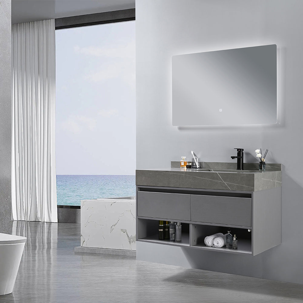 Meuble salle de bain suspendu FRIDA 100 cm + vasque intégrée (gris/blanc) + miroir LED tactile