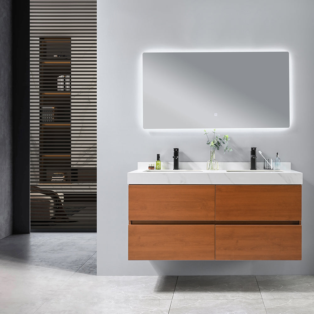 Meuble salle de bain double vasque blanche 120 cm et miroir dans salle de bain design - Bellegno
