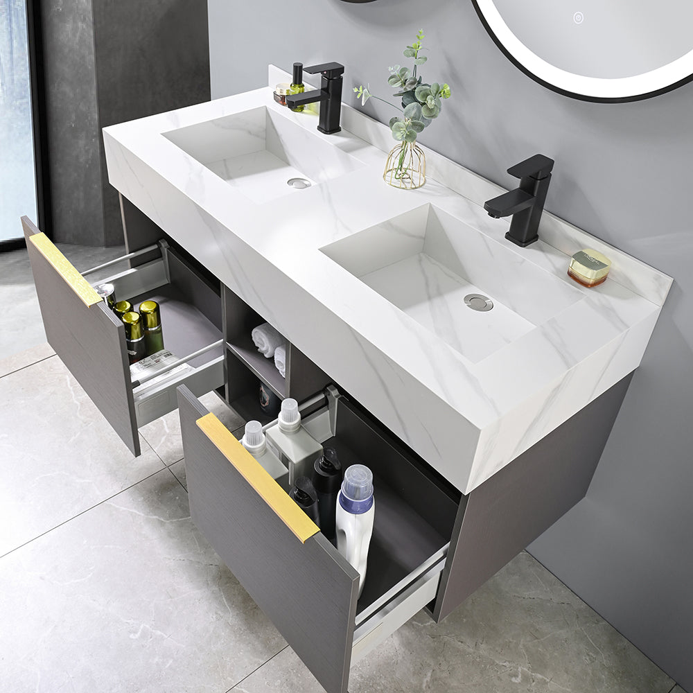Meuble salle de bain suspendu MICHELLE 120 cm + vasque double intégrée blanche + 2 miroirs LED tactiles