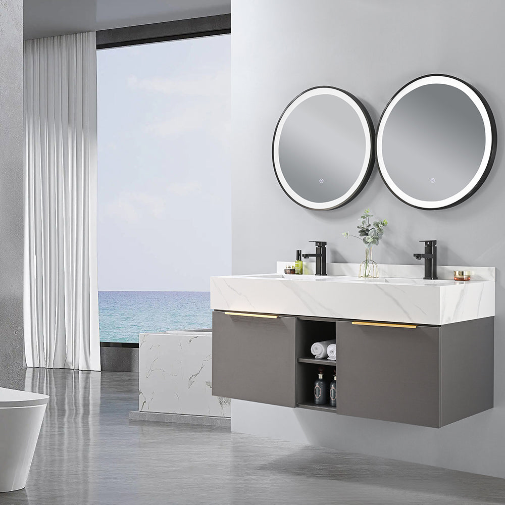 Meuble salle de bain suspendu MICHELLE 120 cm + vasque double intégrée blanche + 2 miroirs LED tactiles