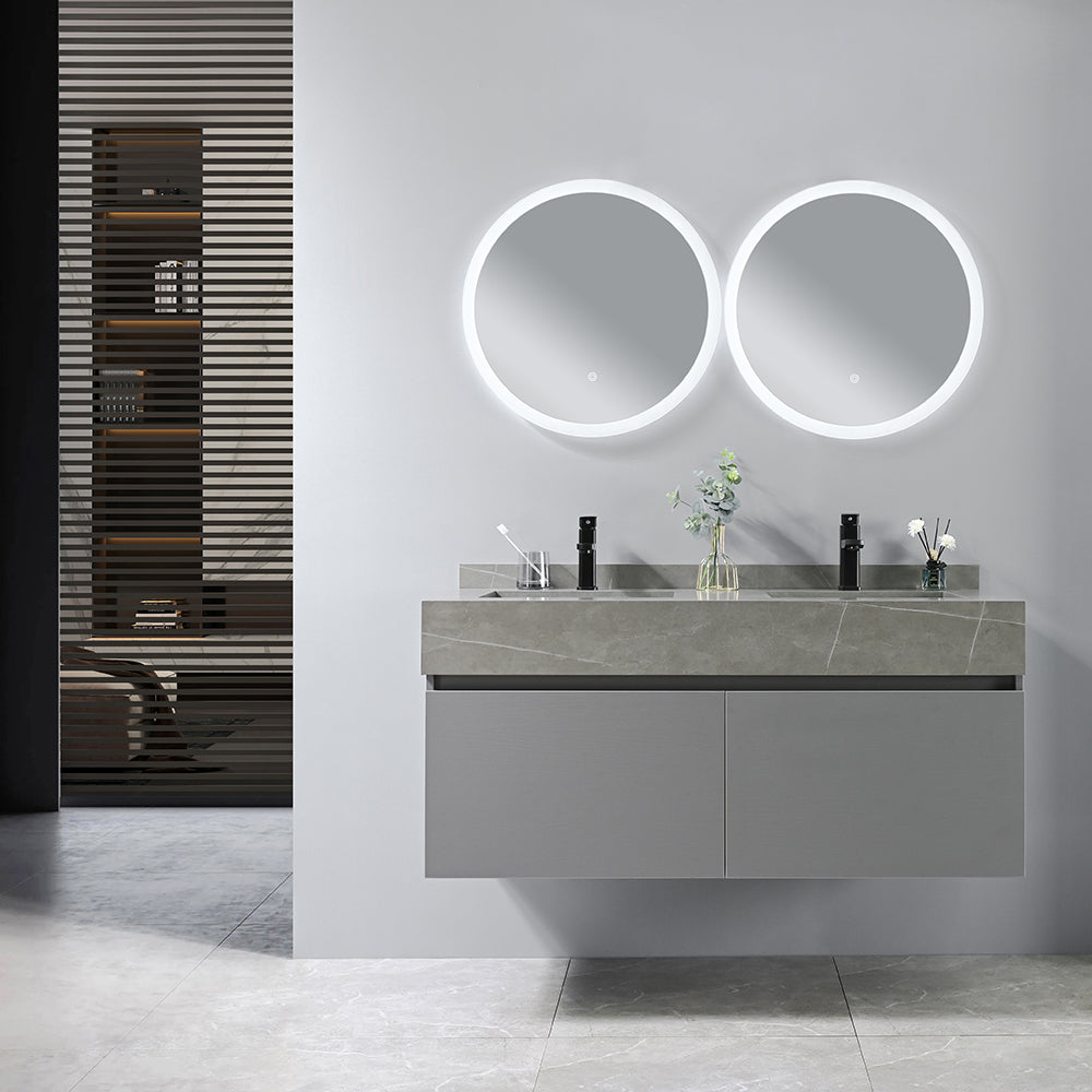 Meuble salle de bain double vasque gris 120 cm avec 2 miroirs LED ronds - Bellegno