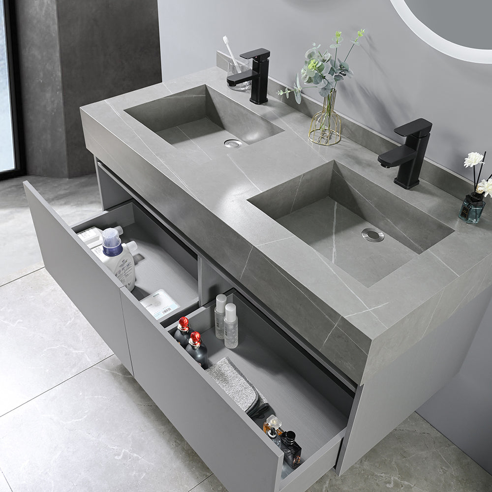 Meuble salle de bain suspendu double vasque avec 2 grands tiroirs de rangement - Bellegno