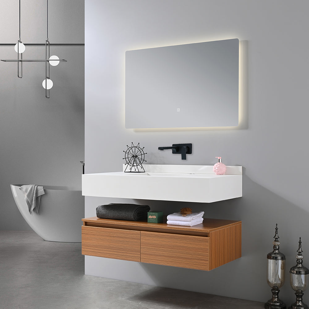 Meuble salle de bain suspendu vasque 100 cm blanche avec miroir LED dans salle de bain design - Bellegno