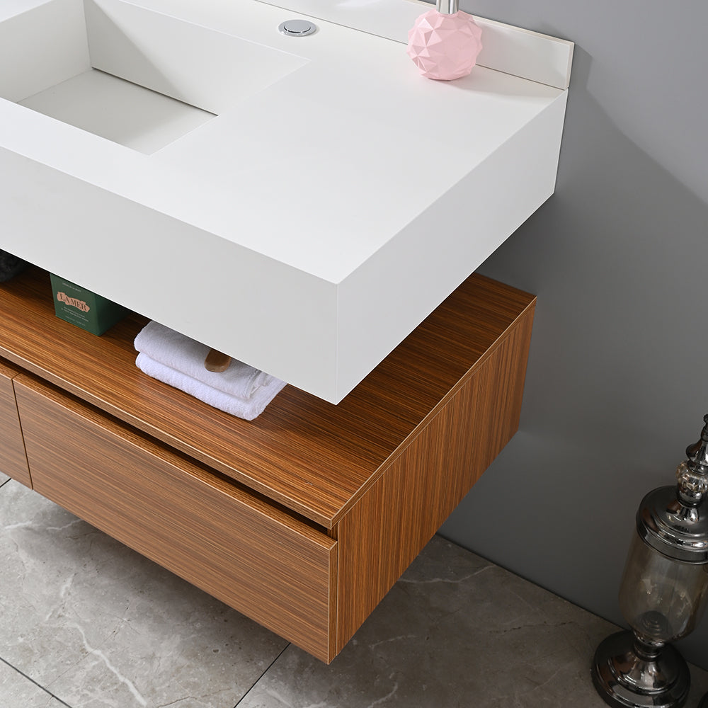 Vasque salle de bain en pierre frittée et meuble sous vasque en bois semi massif - Bellegno