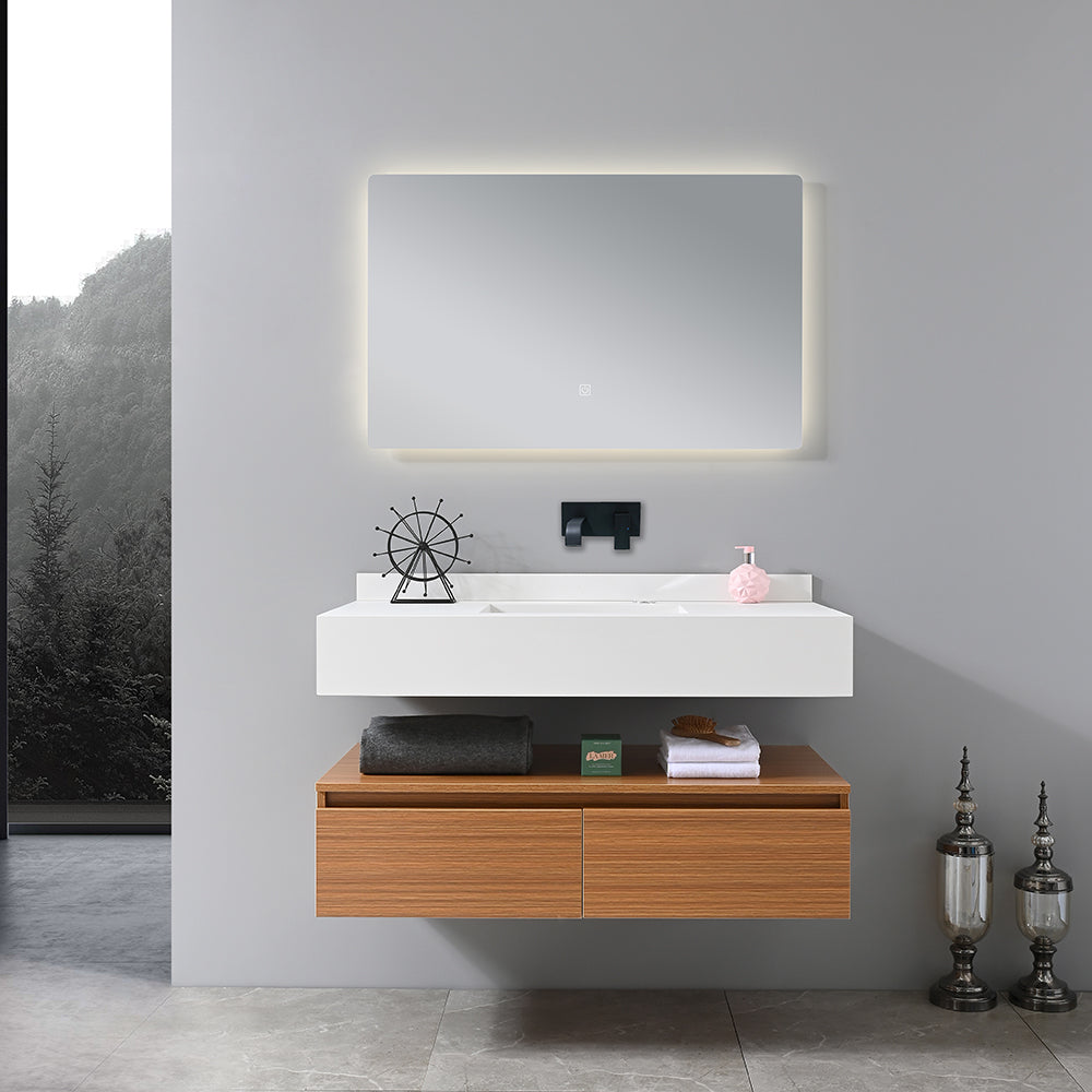 Meuble salle de bain suspendu 100 cm vasque blanche avec miroir LED - Bellegno