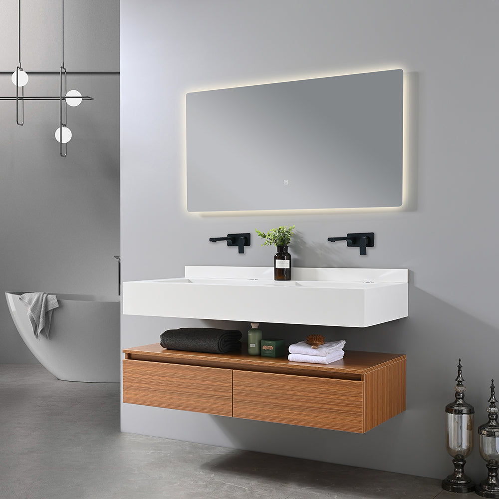 Meuble salle de bain double vasque blanche 120 cm avec miroir dans salle de bain design - Bellegno