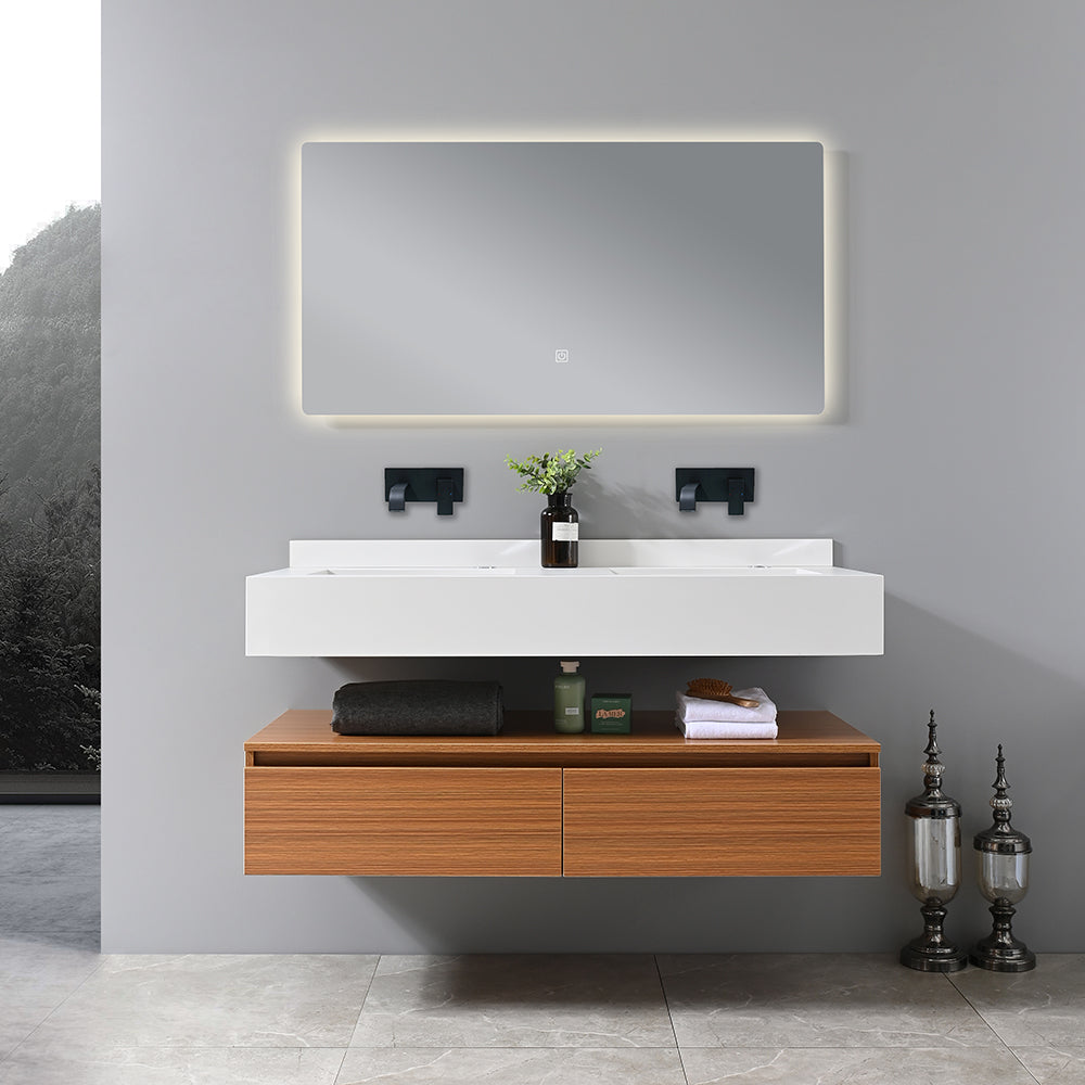 Meuble salle de bain double vasque blanche 120 cm avec miroir éclairage led - Bellegno