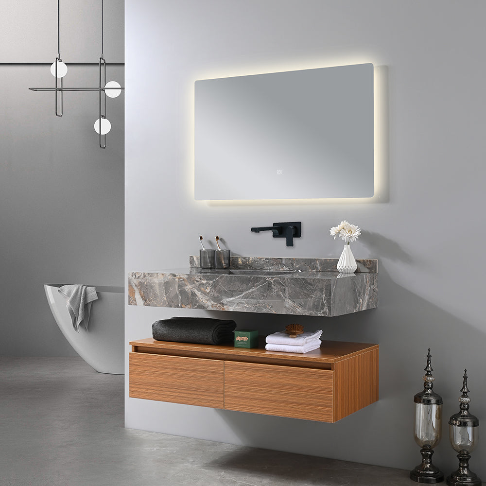 Meuble salle de bain vasque 100 cm gris effet marbre avec miroir dans salle de bain design - Bellegno