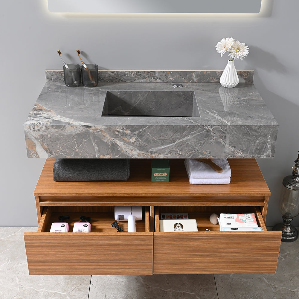 Meuble salle de bain suspendu bois et vasque 100 cm gris effet marbre - Bellegno