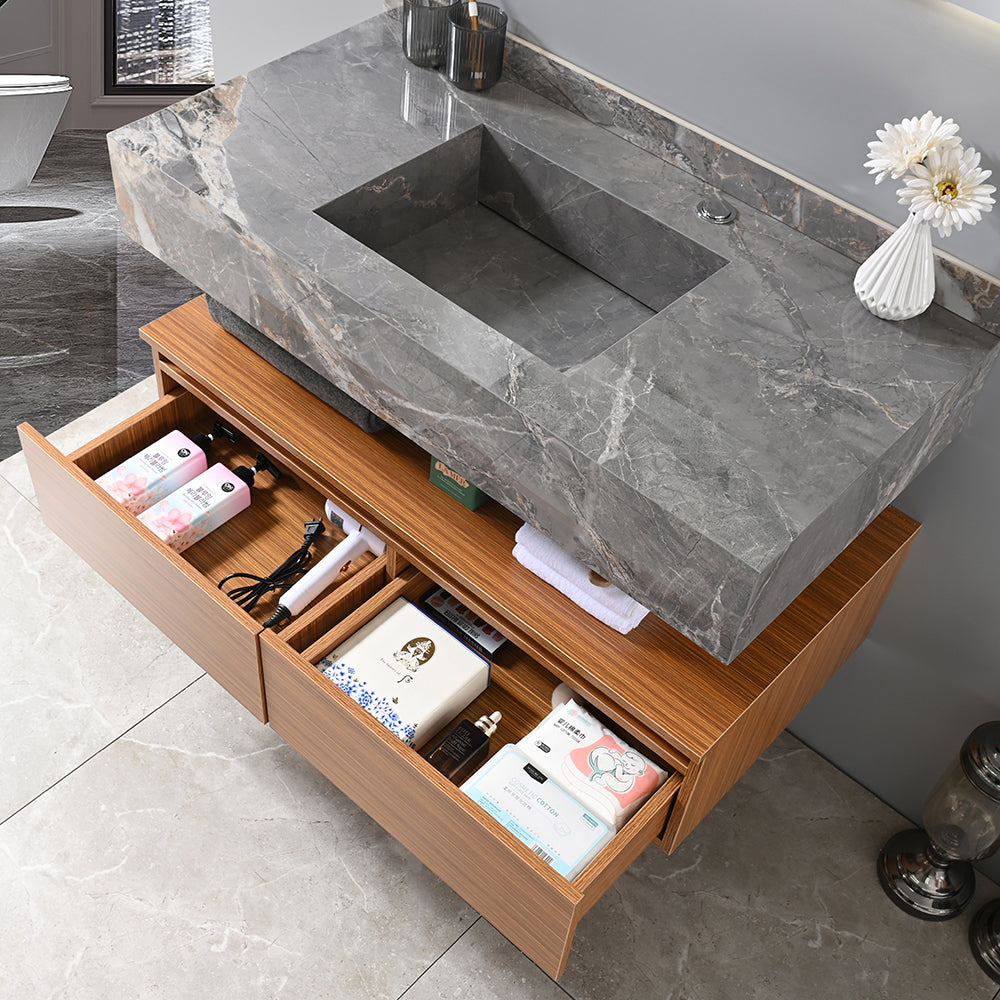 Meuble salle de bain vasque 100 cm gris effet marbre avec tiroirs de rangement - Bellegno