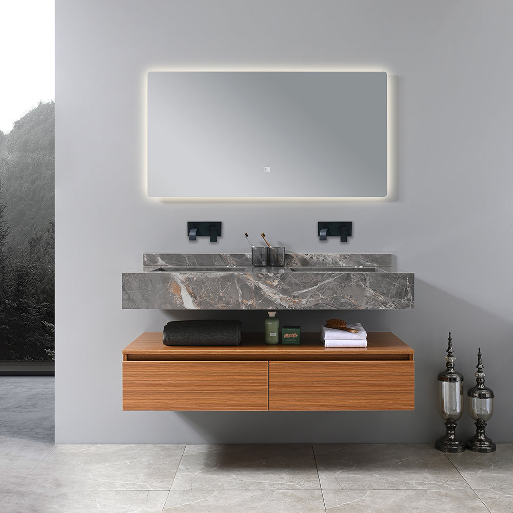 Meuble salle de bain double vasque gris 120 cm avec miroir éclairage LED - Bellegno