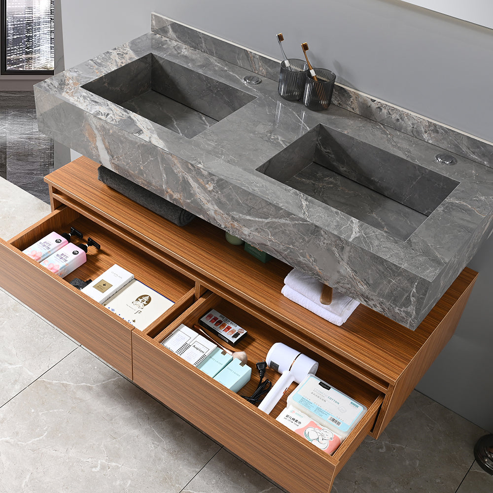 Meuble salle de bain suspendu double vasque 120 cm avec tiroirs - Bellegno