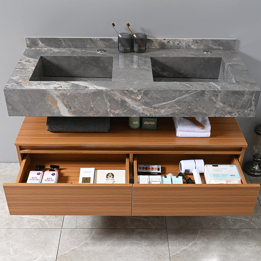 Meuble salle de bain double vasque 120 cm avec grands tiroirs de rangement - Bellegno