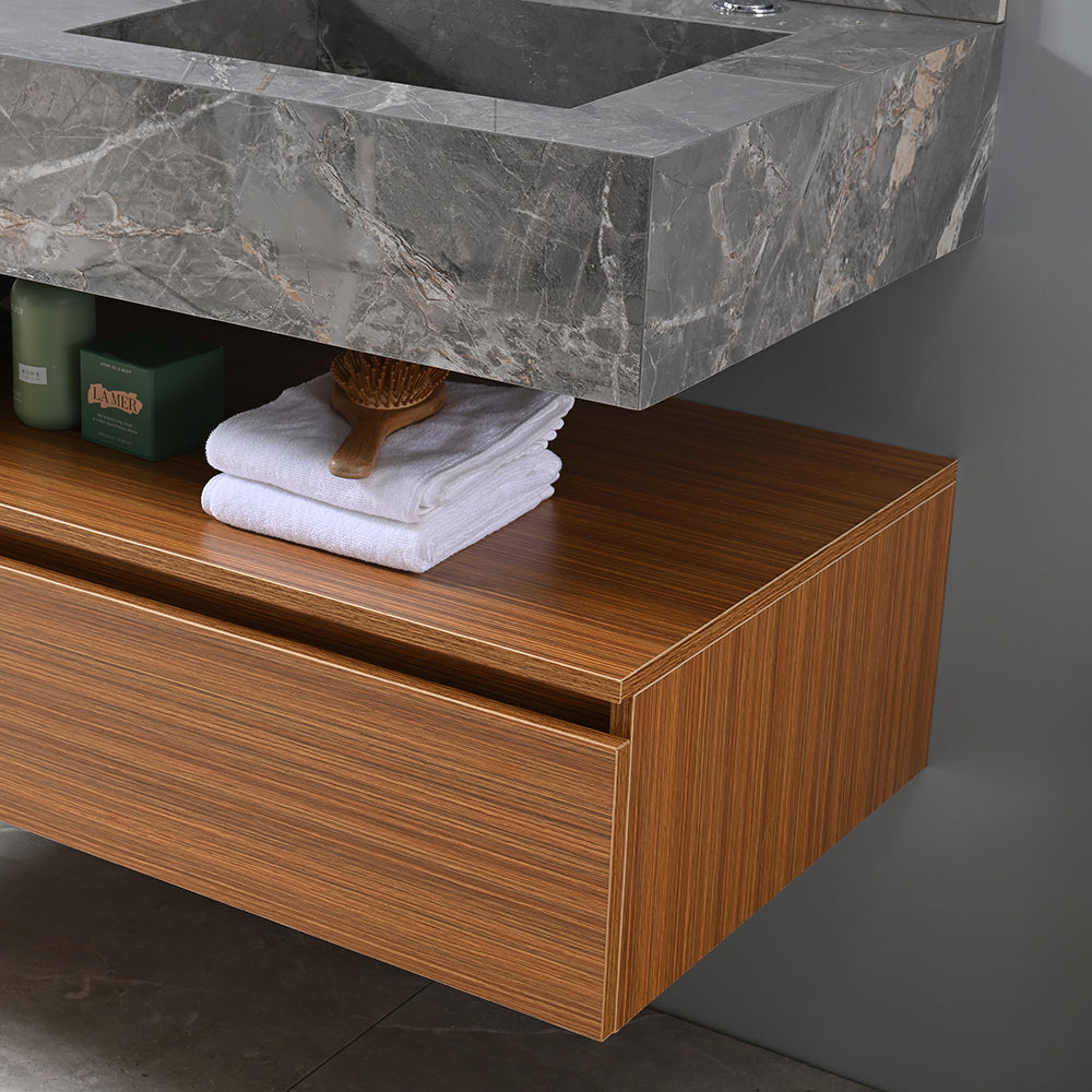 Meuble salle de bain suspendu 120 cm bois et pierre frittée - Bellegno
