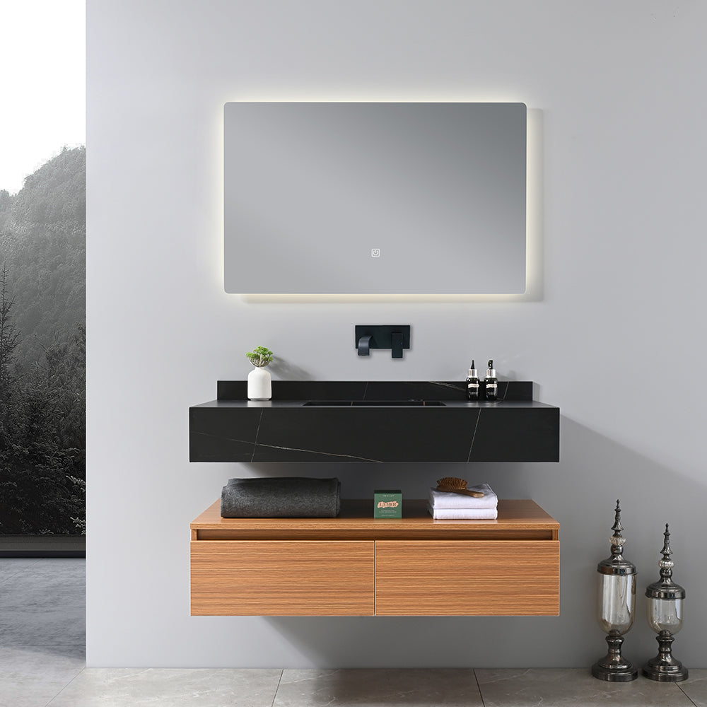 Meuble salle de bain suspendu 100 cm vasque noir avec miroir LED - Bellegno