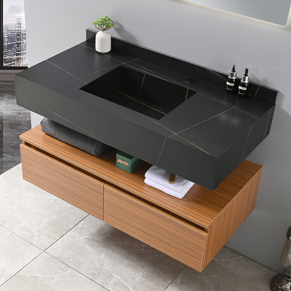 Meuble salle de bain suspendu 100 cm vasque noir avec miroir LED - Bellegno