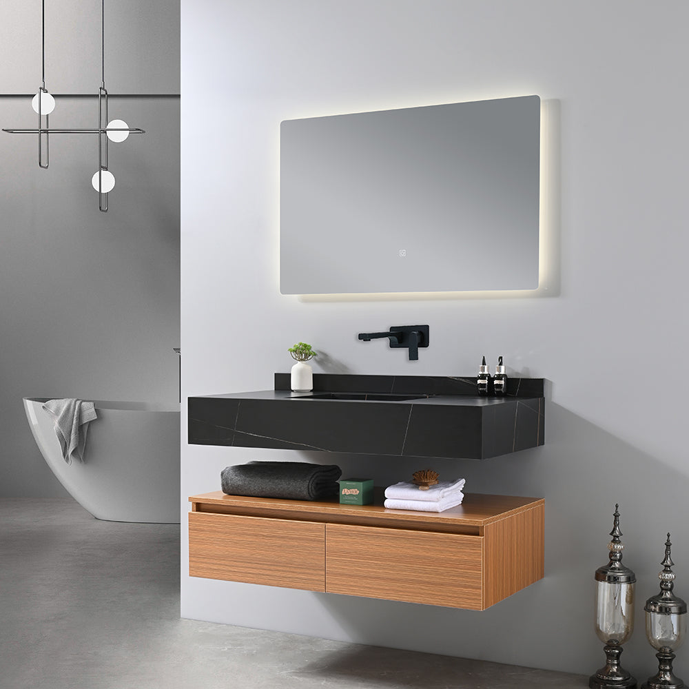 Meuble salle de bain suspendu 100 cm vasque noir avec miroir LED dans salle de bain design - Bellegno