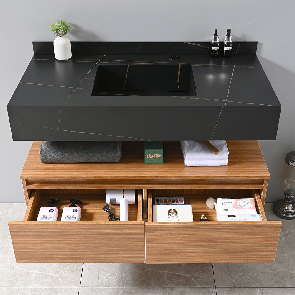 Meuble salle de bain suspendu vasque noir effet marbre avec rangements - Bellegno