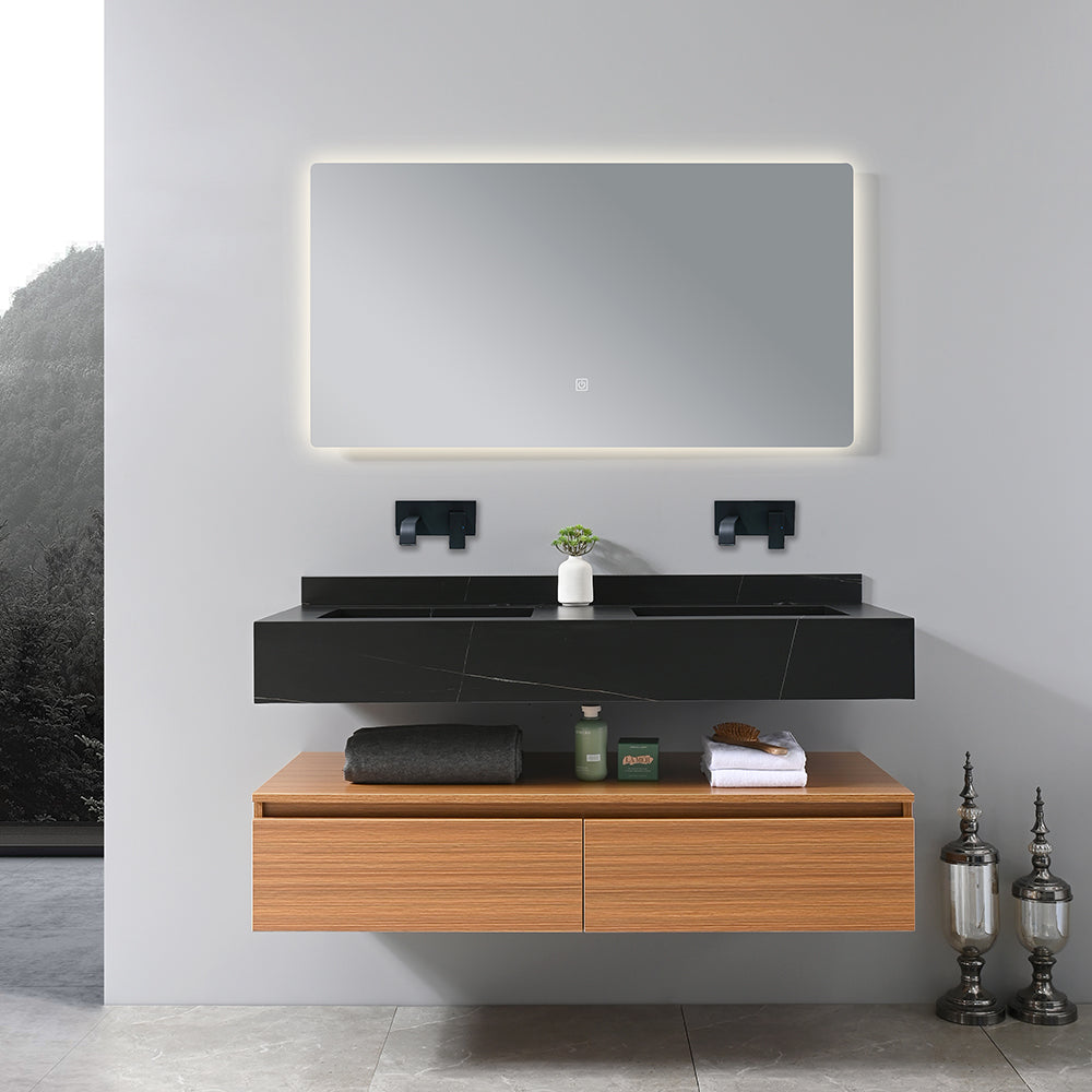 Meuble salle de bain suspendu double vasque 120 cm noir effet marbre avec miroir LED - Bellegno