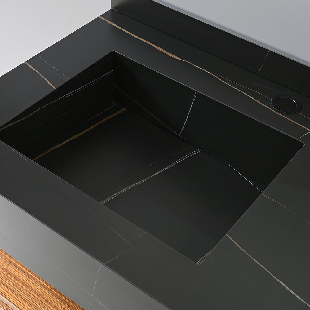Vasque en pierre frittée noire effet marbre pour salle de bain - Bellegno