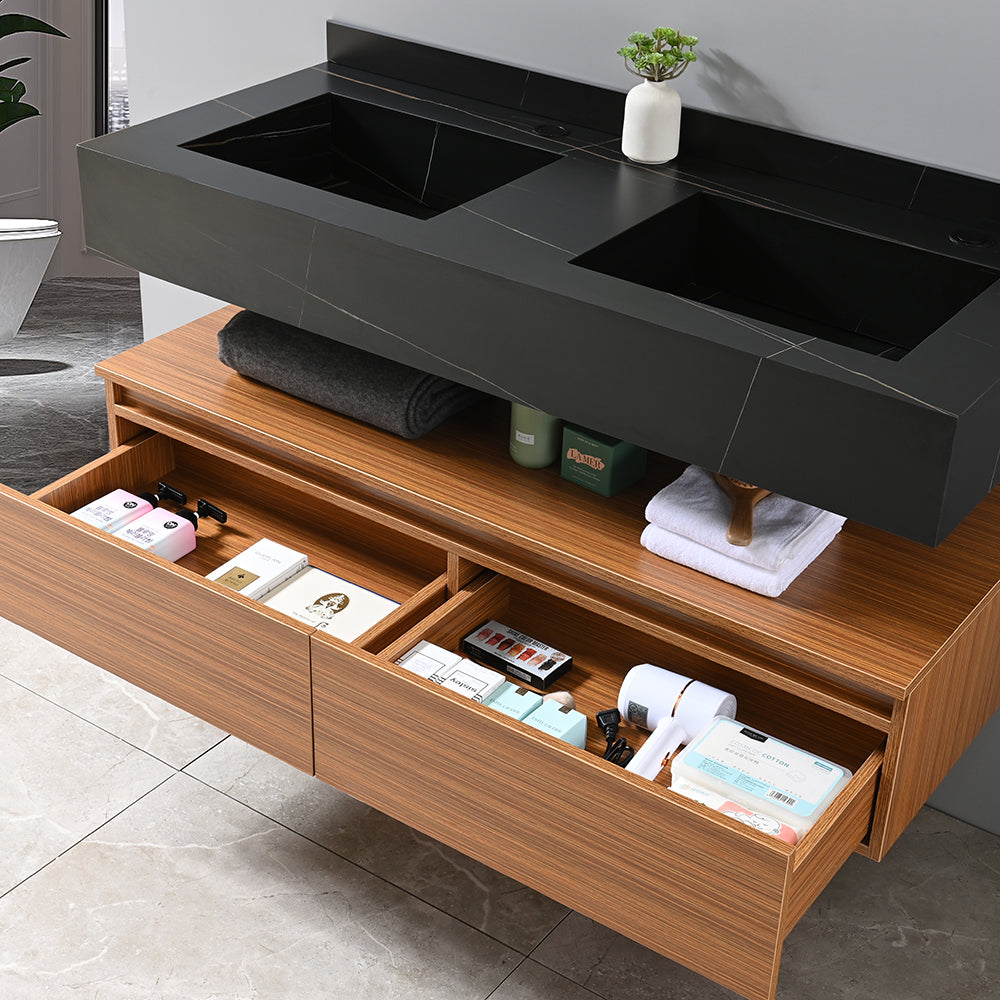 Meuble salle de bain double vasque 120 cm noir avec nombreux rangements - Bellegno
