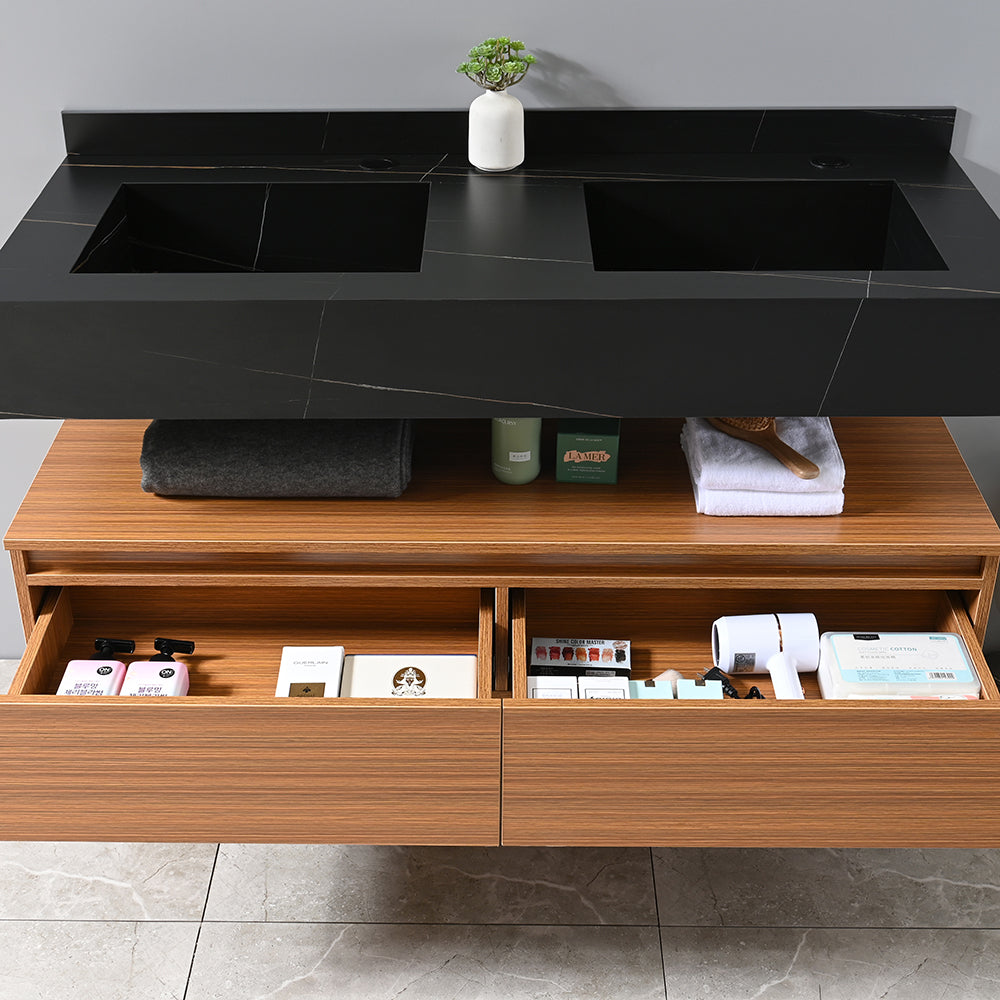 Meuble salle de bain double vasque noir 120 cm avec tiroirs de rangement - Bellegno