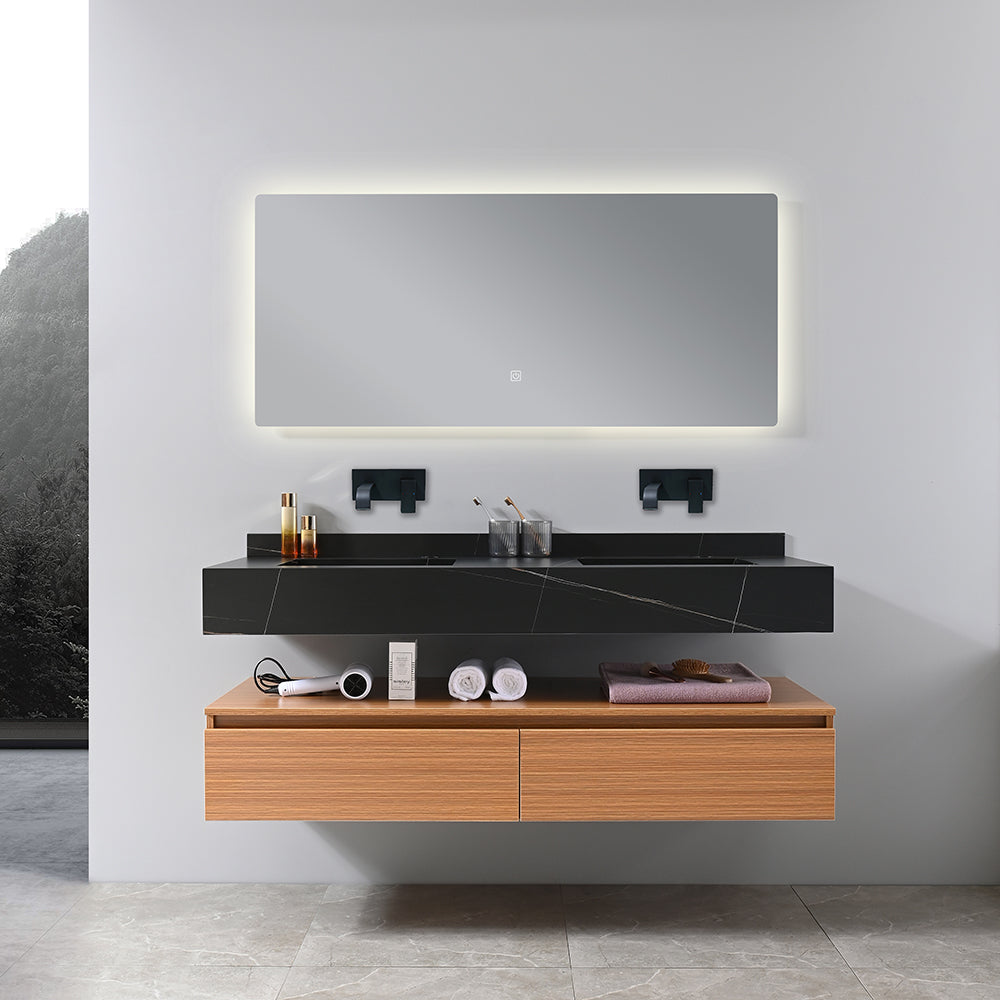 Meuble salle de bain double vasque 120 cm noir effet marbre avec miroir LED - Bellegno