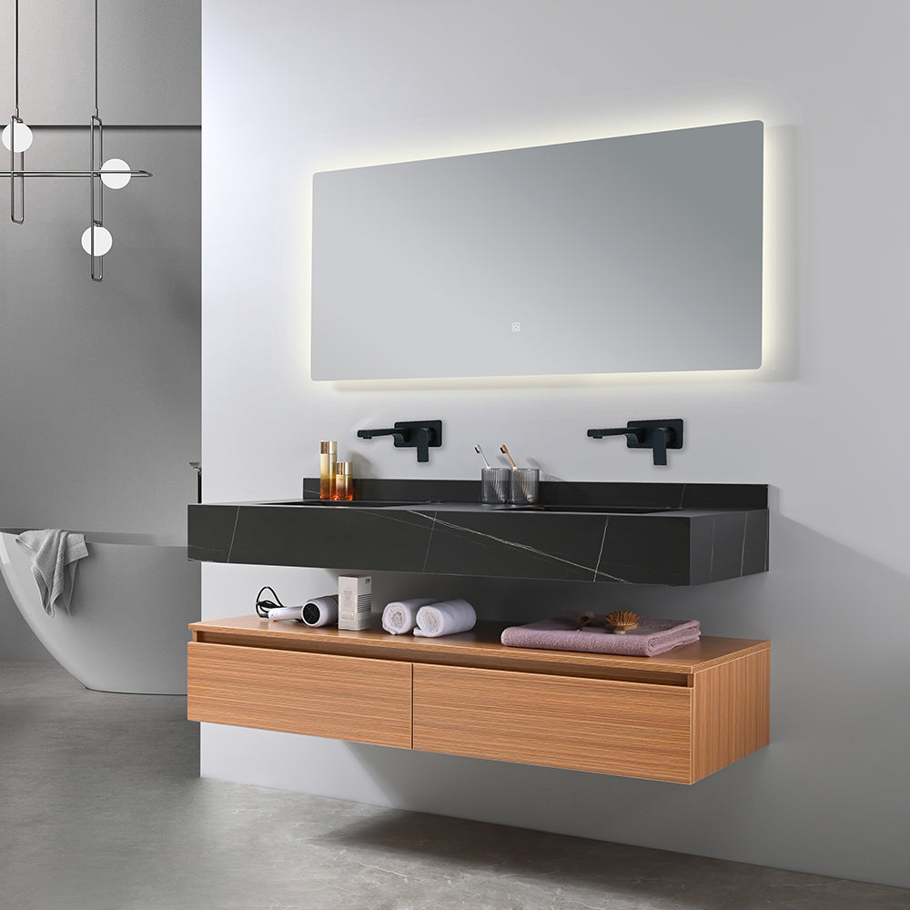 Meuble salle de bain double vasque noir 120 cm avec miroir dans salle de bain design - Bellegno