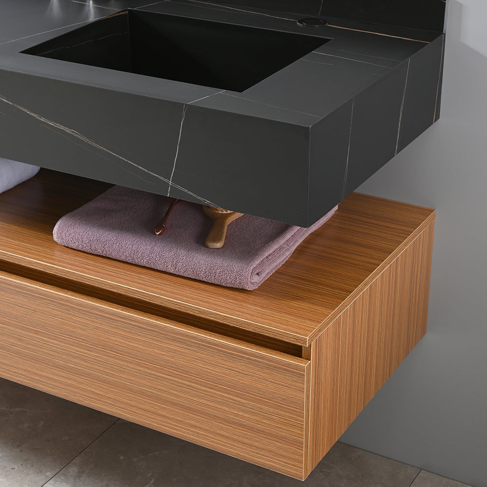 Vasque en pierre frittée noire et meuble sous vasque en bois semi massif - Bellegno