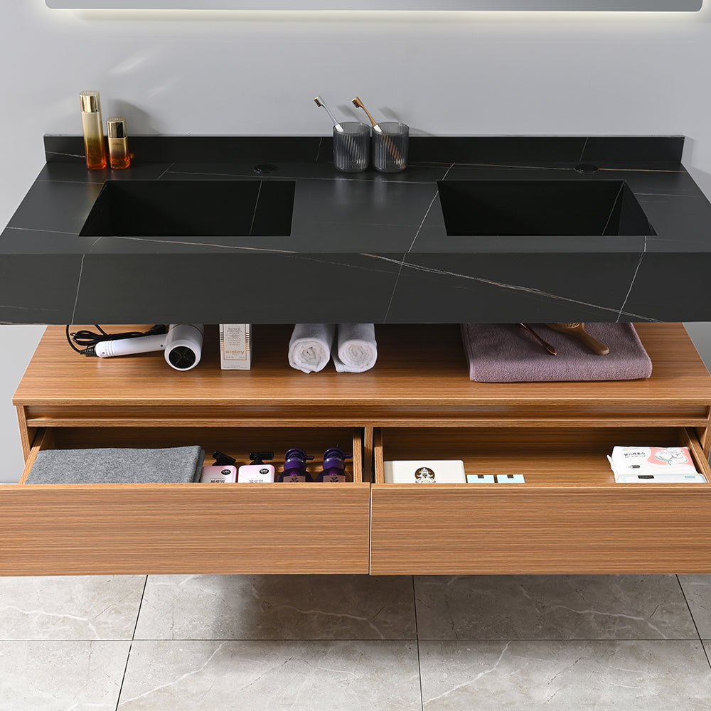 Meuble salle de bain suspendu double vasque noir 120 cm tiroirs de rangement - Bellegno