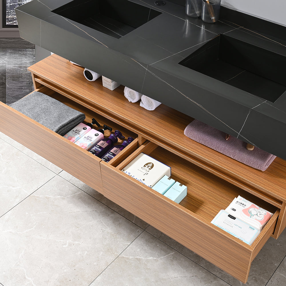Meuble salle de bain suspendu double vasque 120 cm avec nombreux rangements - Bellegno