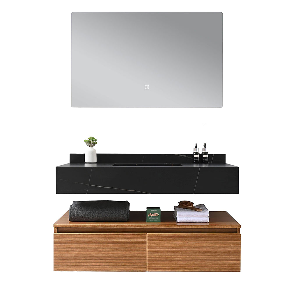 Meuble salle de bain suspendu 100 cm vasque noir avec miroir LED - Bellegno